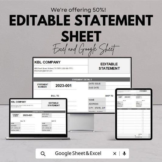 Editable Statement Sheet Template | Excel and Google Sheets | Business Statement Form | Billing & Finance Log | Digital Download
