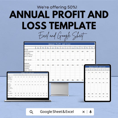 Annual Profit and Loss Template | Income Expense Tracker | Yearly P&L Statement | Business Financial Report Spreadsheet