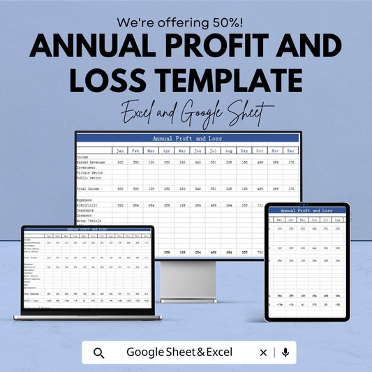 Annual Profit and Loss Template | Income Expense Tracker | Yearly P&L Statement | Business Financial Report Spreadsheet