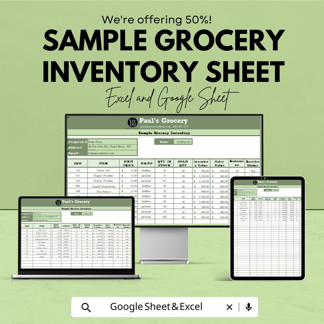 Sample Grocery Inventory Sheet - Excel & Google Sheets Template for Stock Management - Instant Download - 50% Off