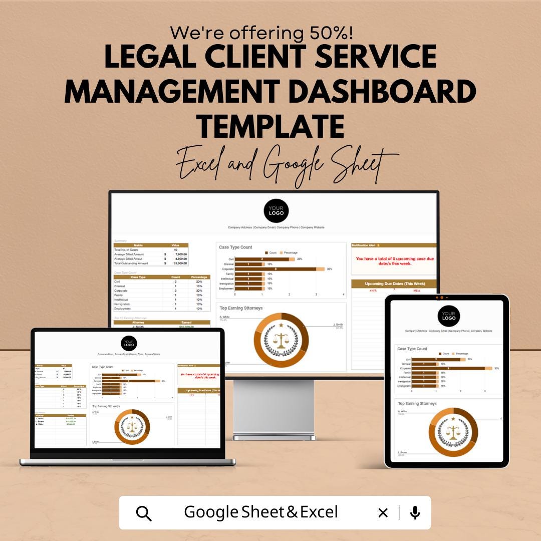 Legal Client Service Management Dashboard Template, Law Firm Case Tracker, Attorney Dashboard Spreadsheet, Legal KPI Tracker