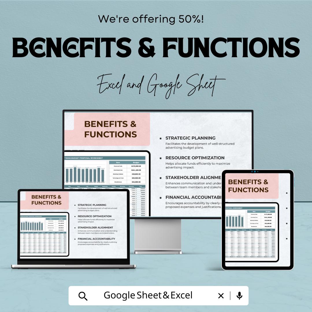 Advertising Budget Proposal Worksheet | Excel and Google Sheets Template | Budget Planner for Marketing & Advertising Campaigns |