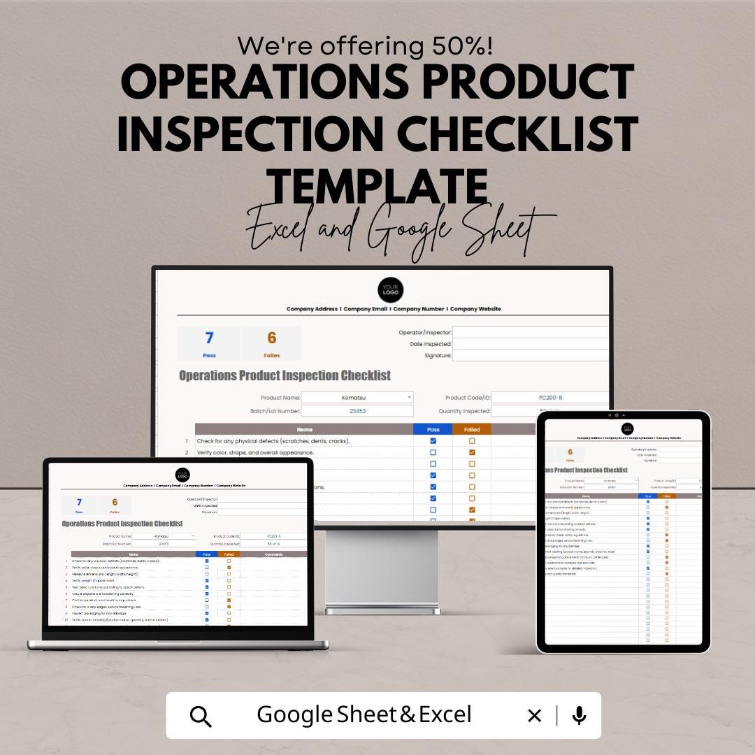 Operations Product Inspection Checklist Template | Quality Control Checklist | Excel & Google Sheets