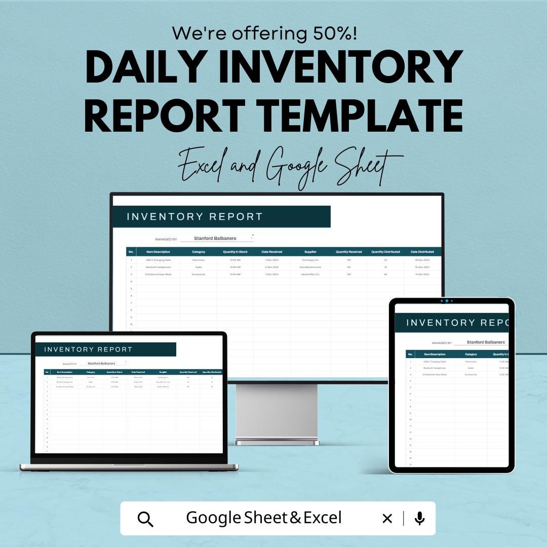 Daily Inventory Report Template |  Inventory Tracker | Stock Management Spreadsheet | Daily Stock Log for Small Business