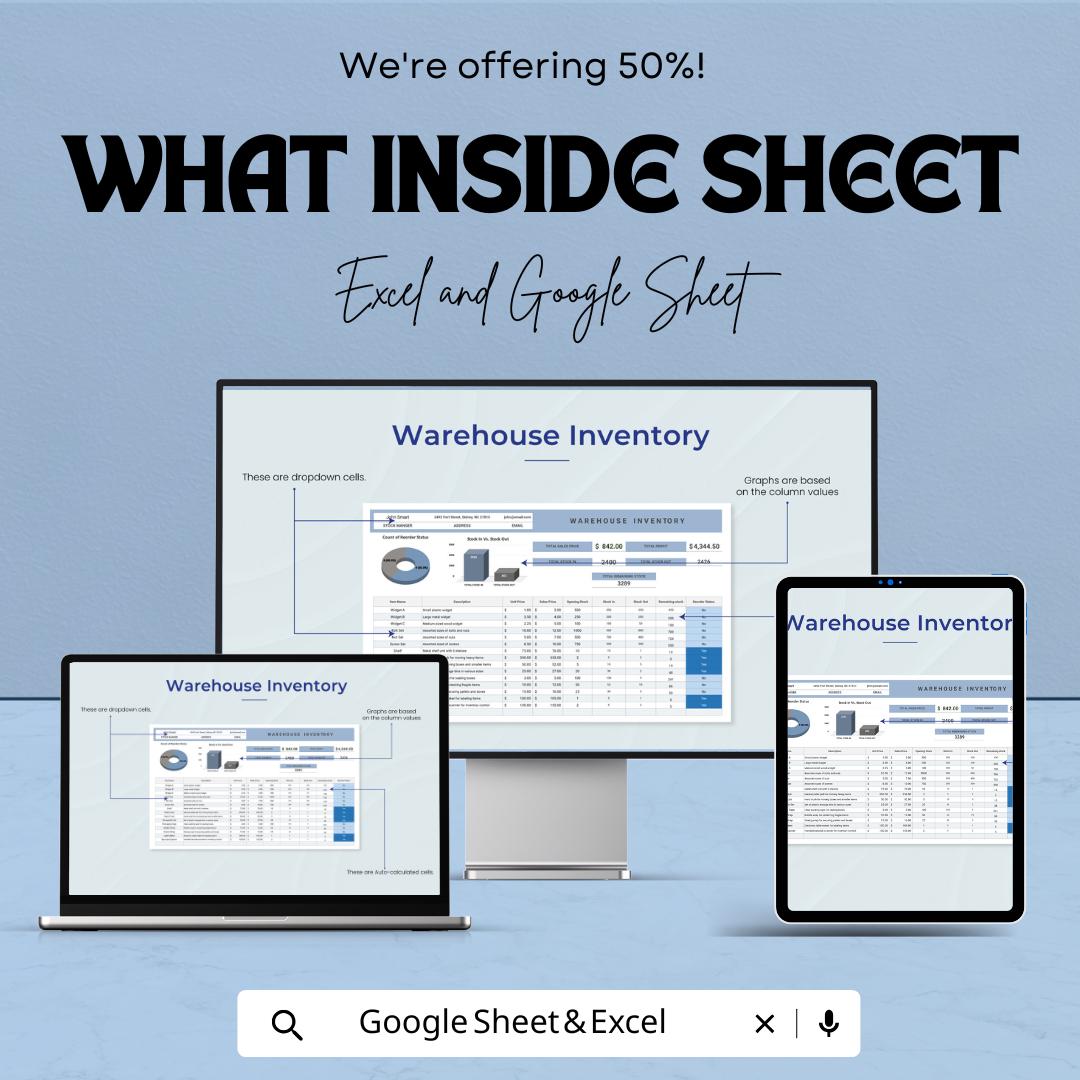 Warehouse Inventory Sheet - Excel & Google Sheet Template - Inventory Management, Stock Control, Business Spreadsheet