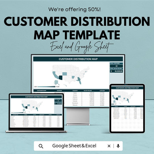 Customer Distribution Map Template Excel, Sales Territory Map, Client Location Tracker, Google Sheets Dashboard, Sales Analysis Tool