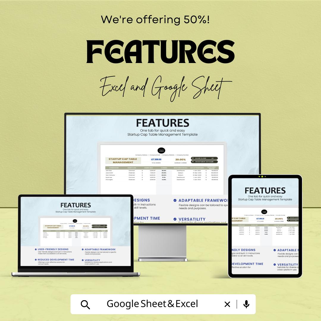 Startup Cap Table Management Template | Excel & Google Sheets | Capitalization Table | Equity Tracker | Investor Ownership Spreadsheet