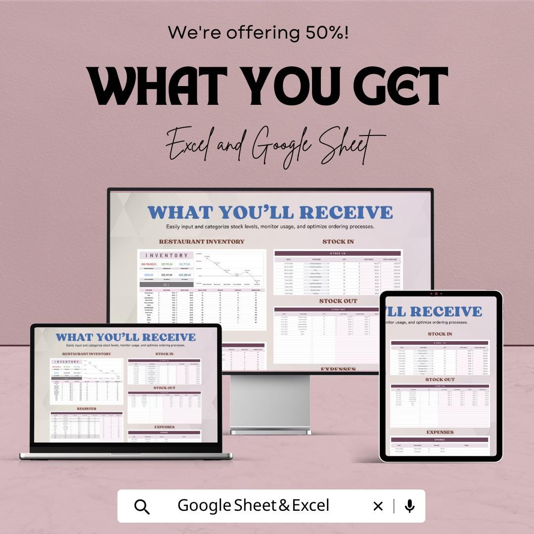 Restaurant Inventory Template |  Food & Beverage Stock Tracker | Kitchen Inventory Spreadsheet | Restaurant Management Sheet