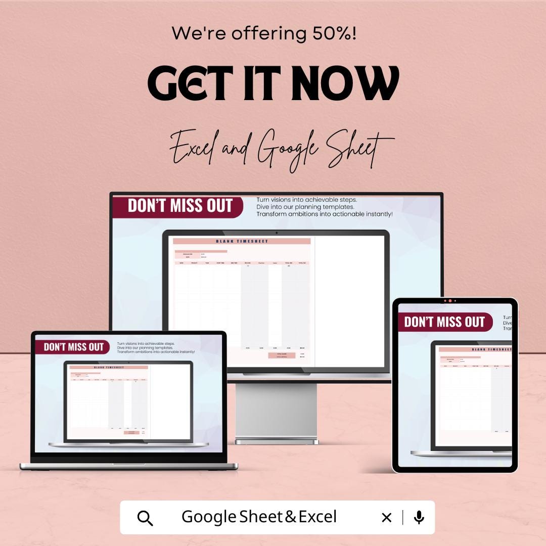 Blank Timesheet Template – Excel & Google Sheets – Employee Hours Tracker, Customizable Work Schedule, Editable Payroll System,