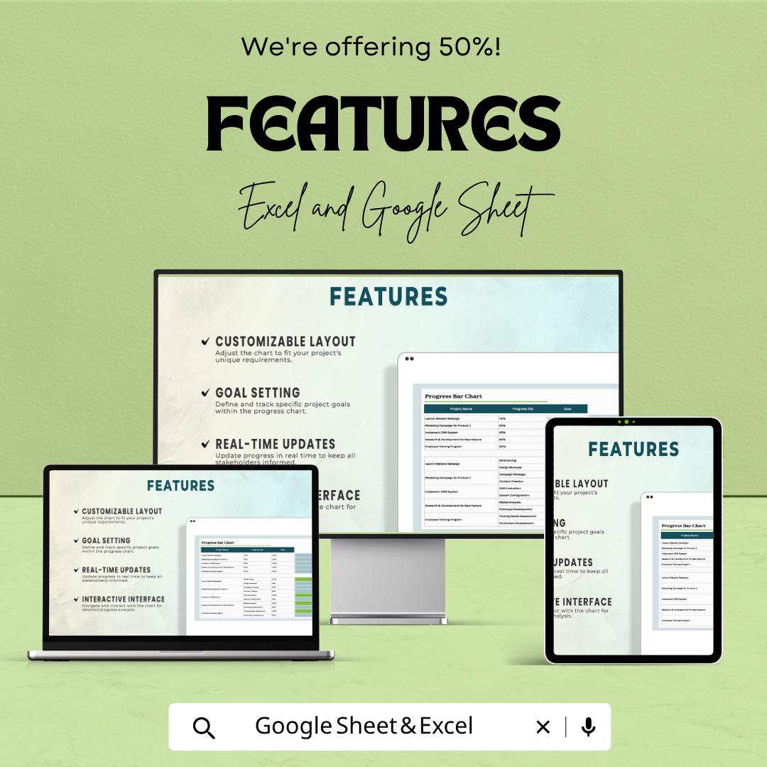 Progress Bar Chart Template | Project Tracker Dashboard | Goal Tracking Spreadsheet | KPI Progress Chart