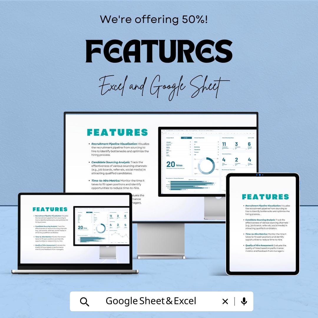 Recruitment vs Hires Dashboard Sheet | Excel & Google Sheets Template | Track Recruitment Performance | Visualize Hiring Metrics
