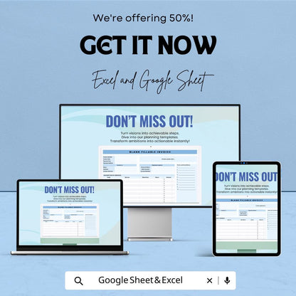 Blank Fillable Invoice Template - Customizable Excel & Google Sheets - Professional, Easy-to-Use