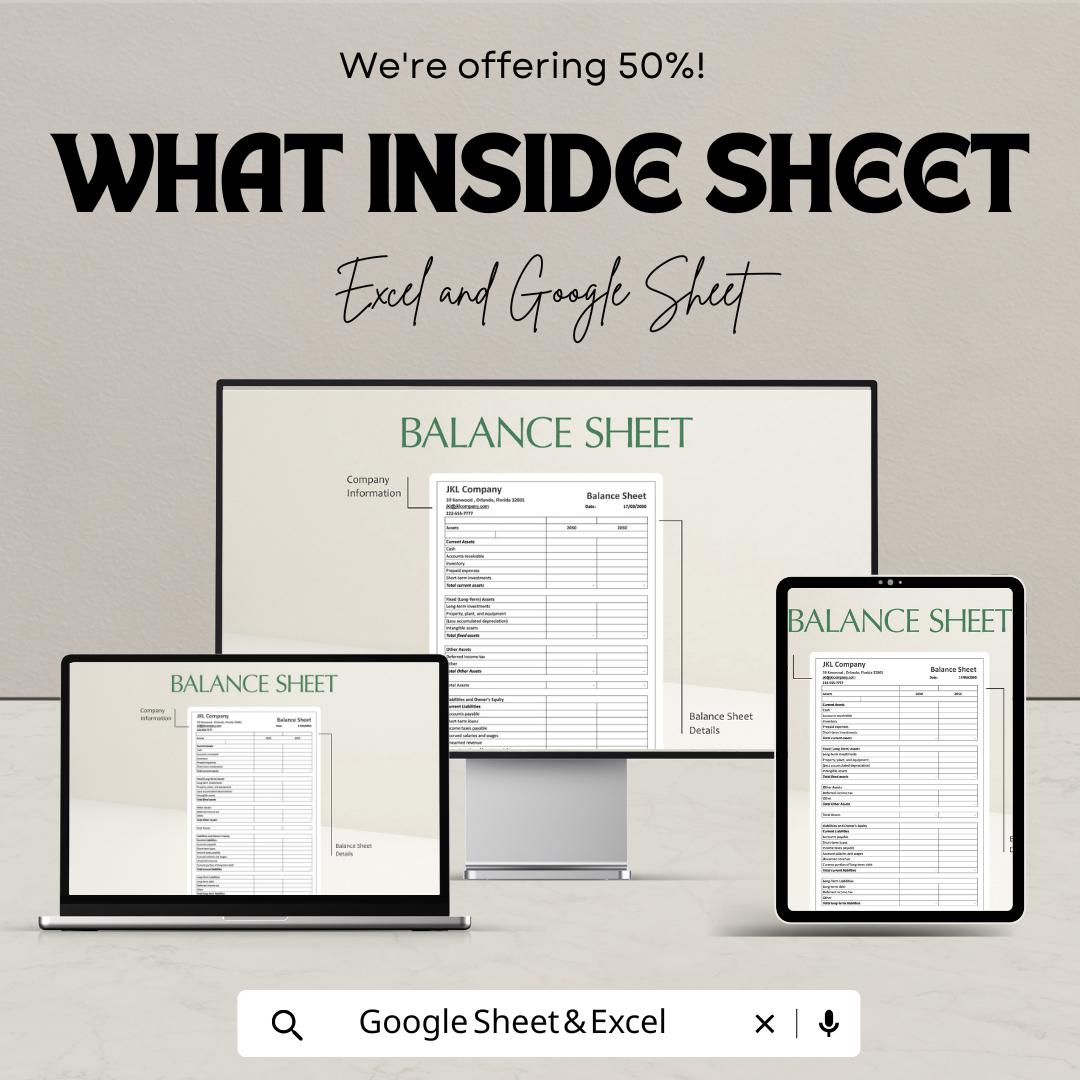 Balance Sheet Template | Financial Statement Excel & Google Sheets | Business Accounting Spreadsheet | Instant Download