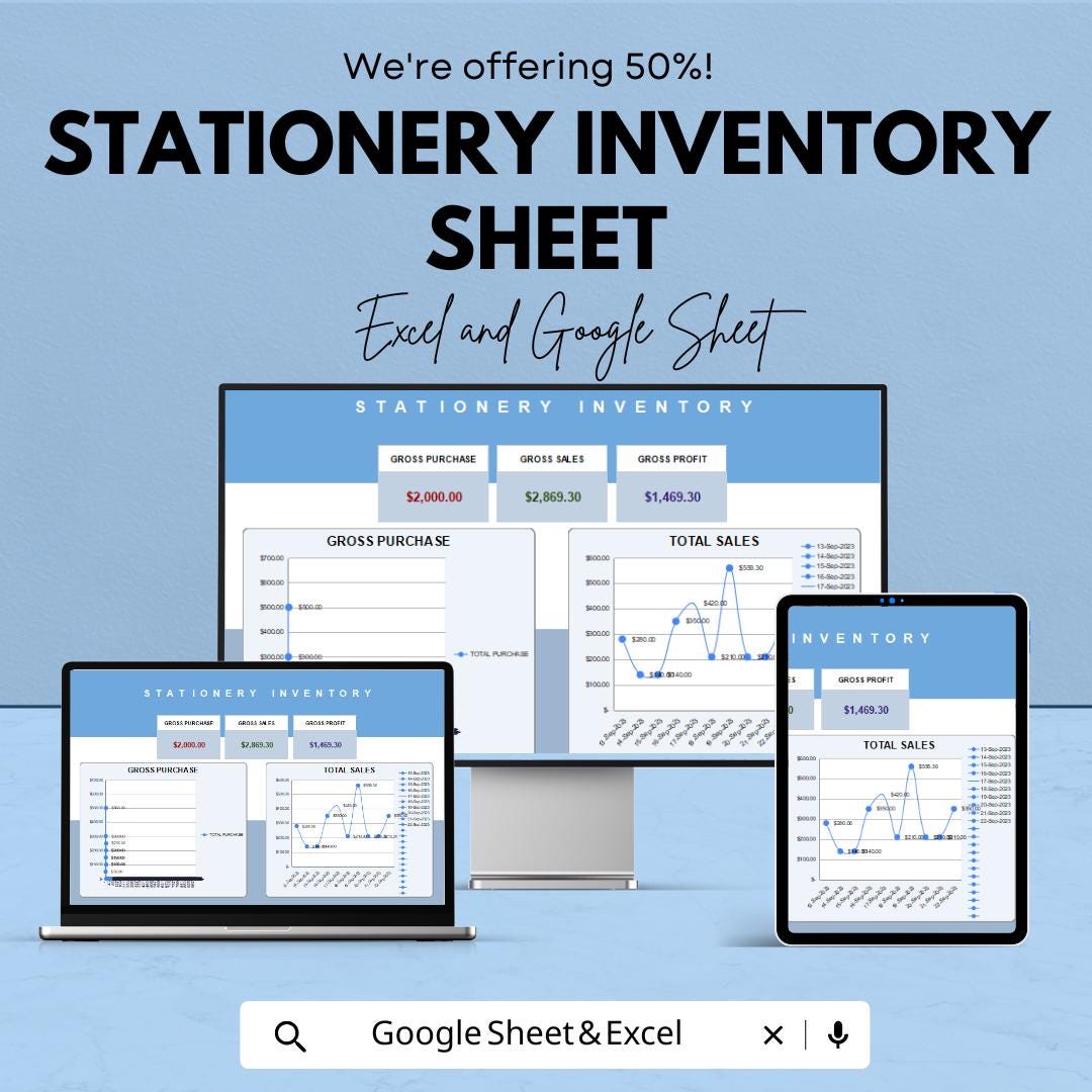 Stationery Inventory Sheet - Excel & Google Sheets Template - Track Stock, Sales, and Profits for Your Stationery Business