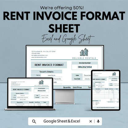 Rent Invoice Format Template | Google Sheet | Tenant Rent Bill | Printable Invoice Sheet | Rental Billing Statement | Instant Download