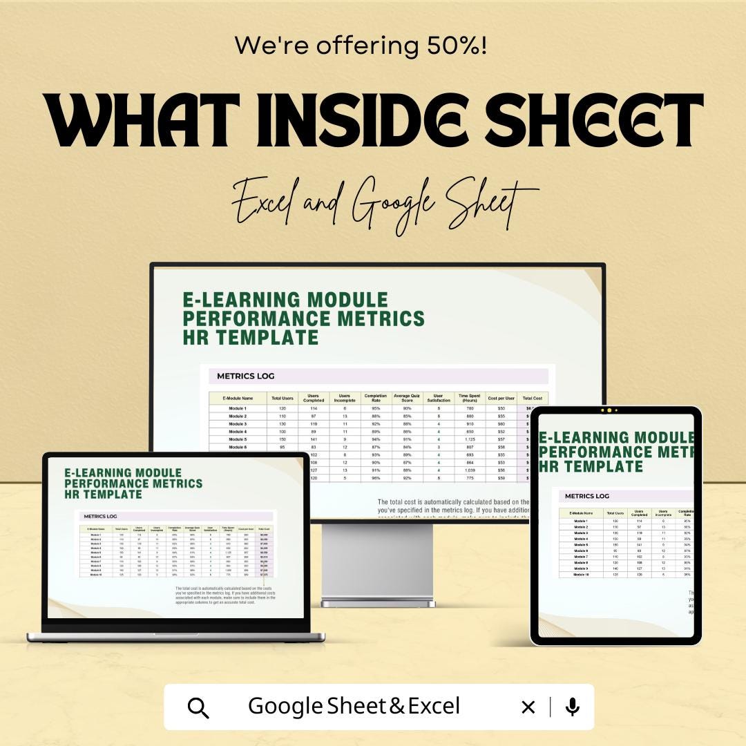 E-Learning Module Performance Metrics HR Template | Training Evaluation Dashboard | LMS Analytics Spreadsheet | Excel & Google Sheets