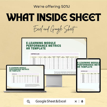 E-Learning Module Performance Metrics HR Template | Training Evaluation Dashboard | LMS Analytics Spreadsheet | Excel & Google Sheets