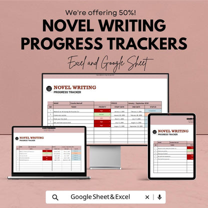 Novel Writing Progress Tracker | Writing Planner Spreadsheet | Author Tracker | Book Writing Organizer | Excel & Google Sheets