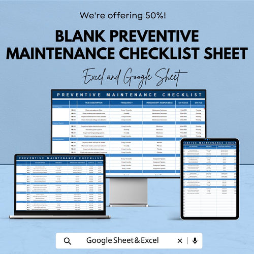 Blank Preventive Maintenance Checklist Sheet for Excel & Google Sheets | Task Management Template | Preventive Maintenance Planner |