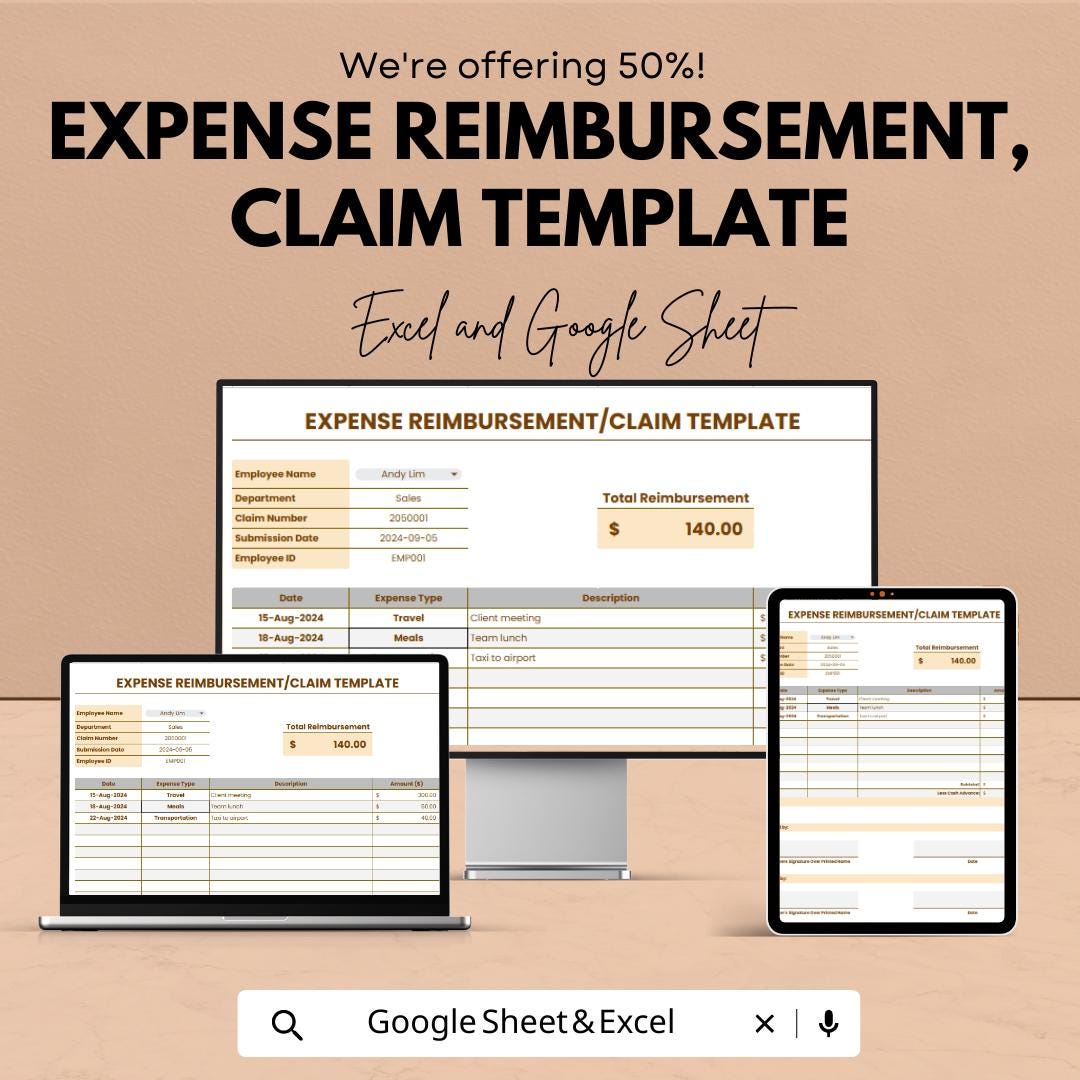 Expense Reimbursement Template | Expense Claim Form | Employee Expense Tracker | Excel and Google Sheets Reimbursement Tracker