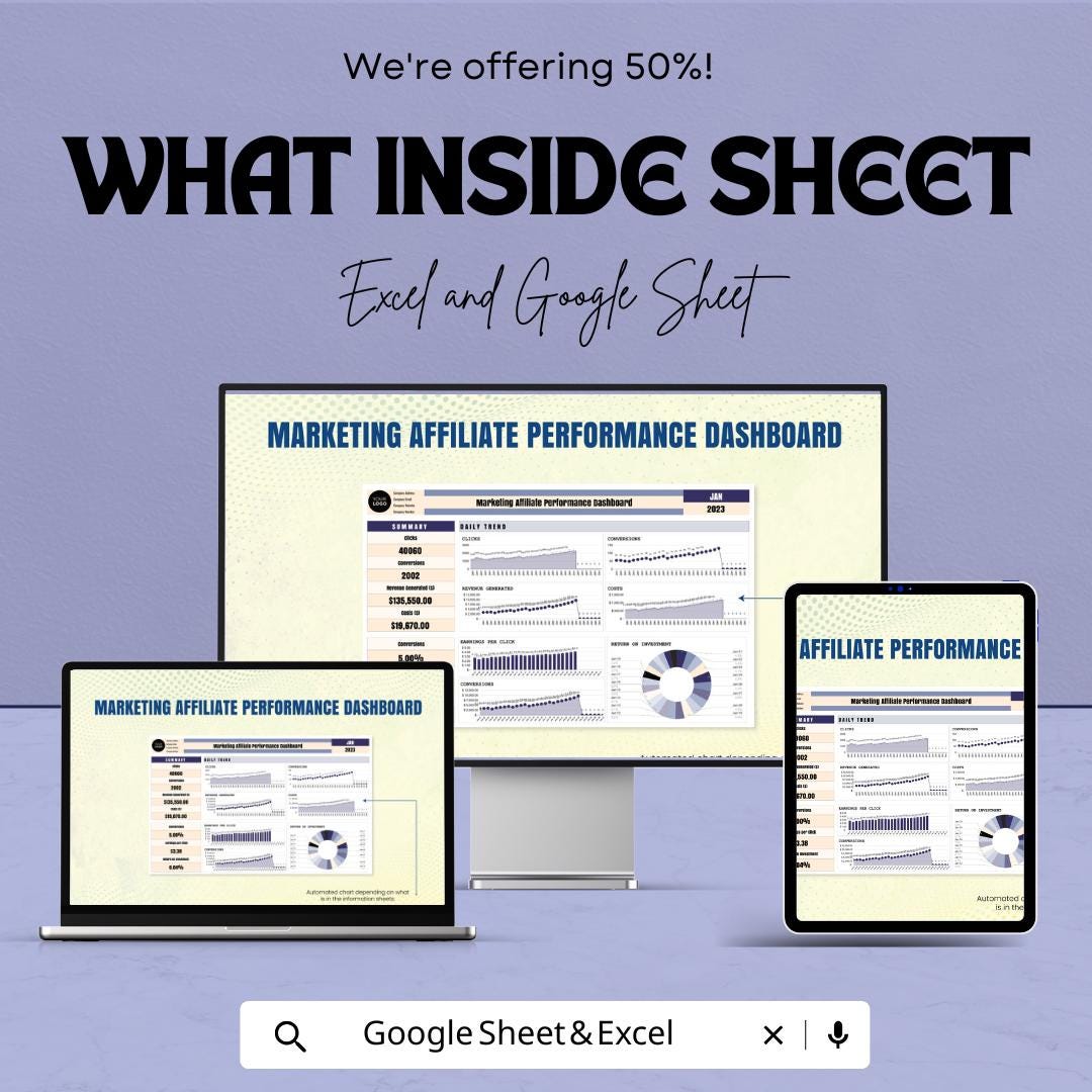 Marketing Affiliate Performance Dashboard Sheet - Excel & Google Sheet Template for Tracking Affiliate Marketing