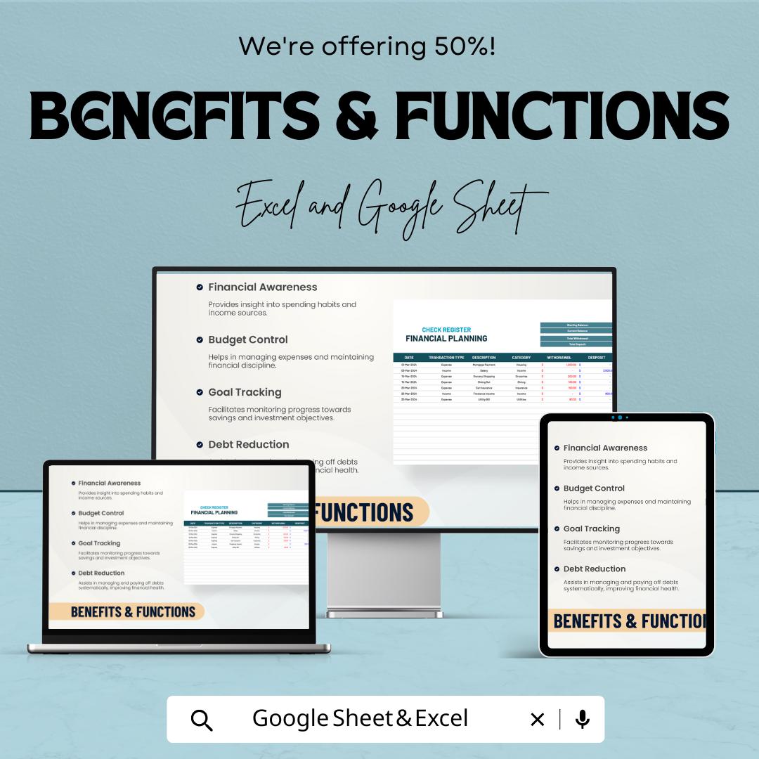Check Register for Financial Planning Template | Expense Tracker | Income and Expense Log | Budget Register Spreadsheet