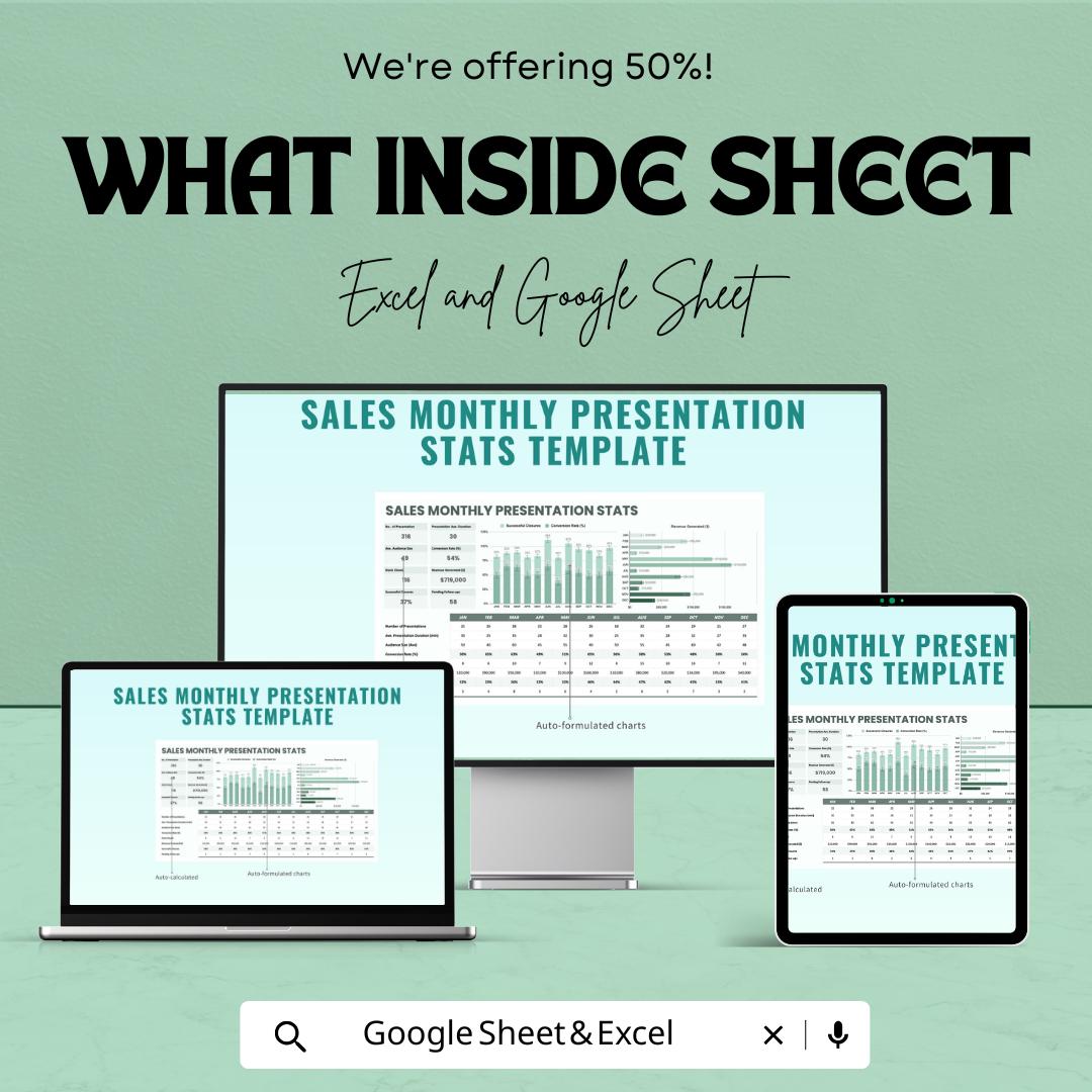 Sales Monthly Presentation Stats Template | Sales Dashboard | Monthly Sales Tracker | KPI Report | Presentation Metrics