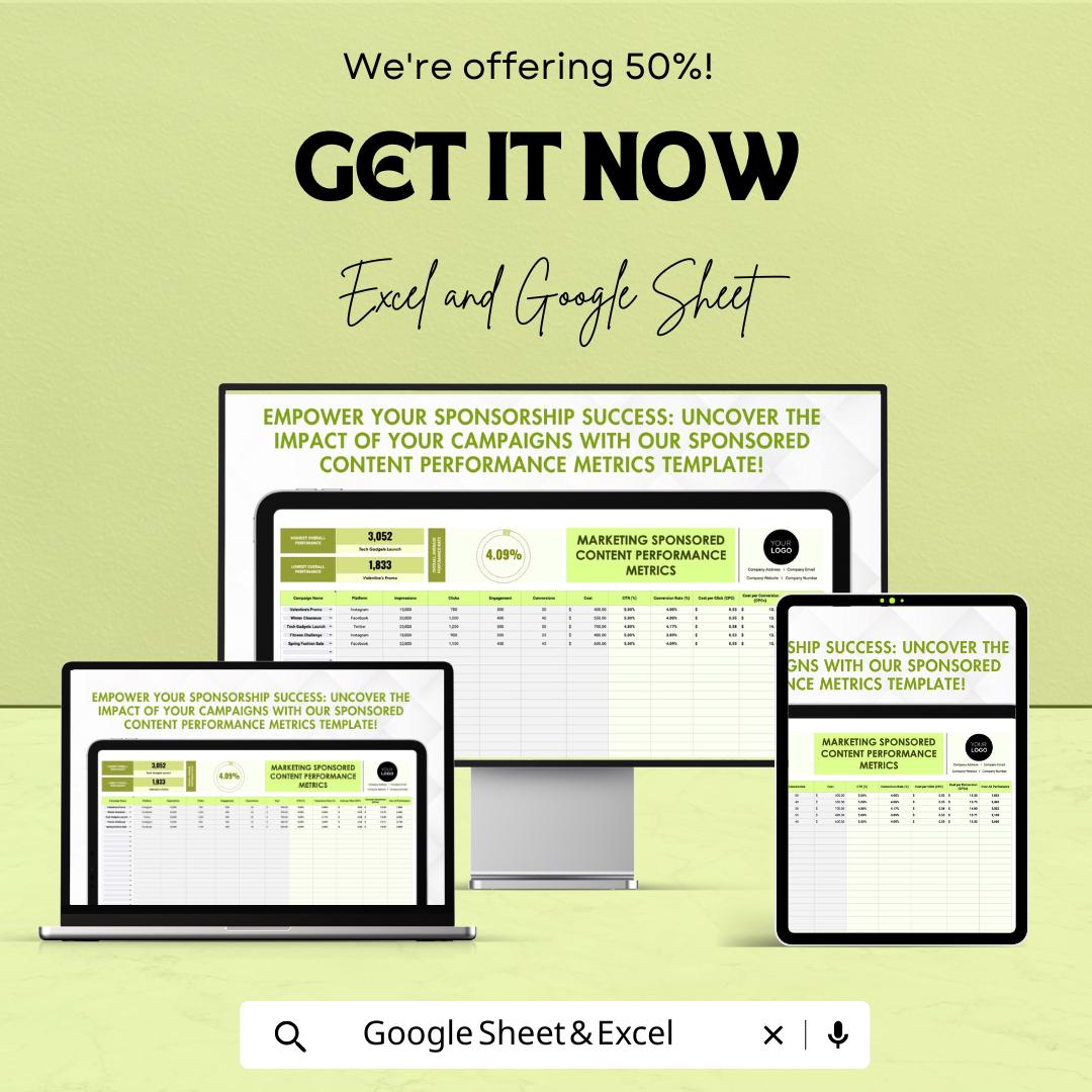Marketing Sponsored Content Performance Metrics Template | Campaign Metrics Tracker | Engagement and Conversion Tracker