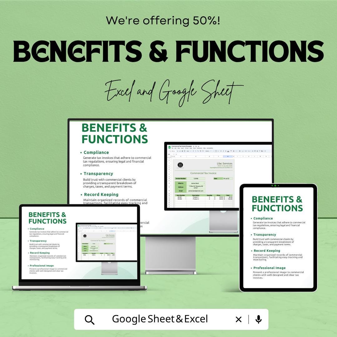 Commercial Tax Invoice Template | Business Invoice Spreadsheet | Tax Invoice Template | Excel & Google Sheets | Professional Invoice Tracker