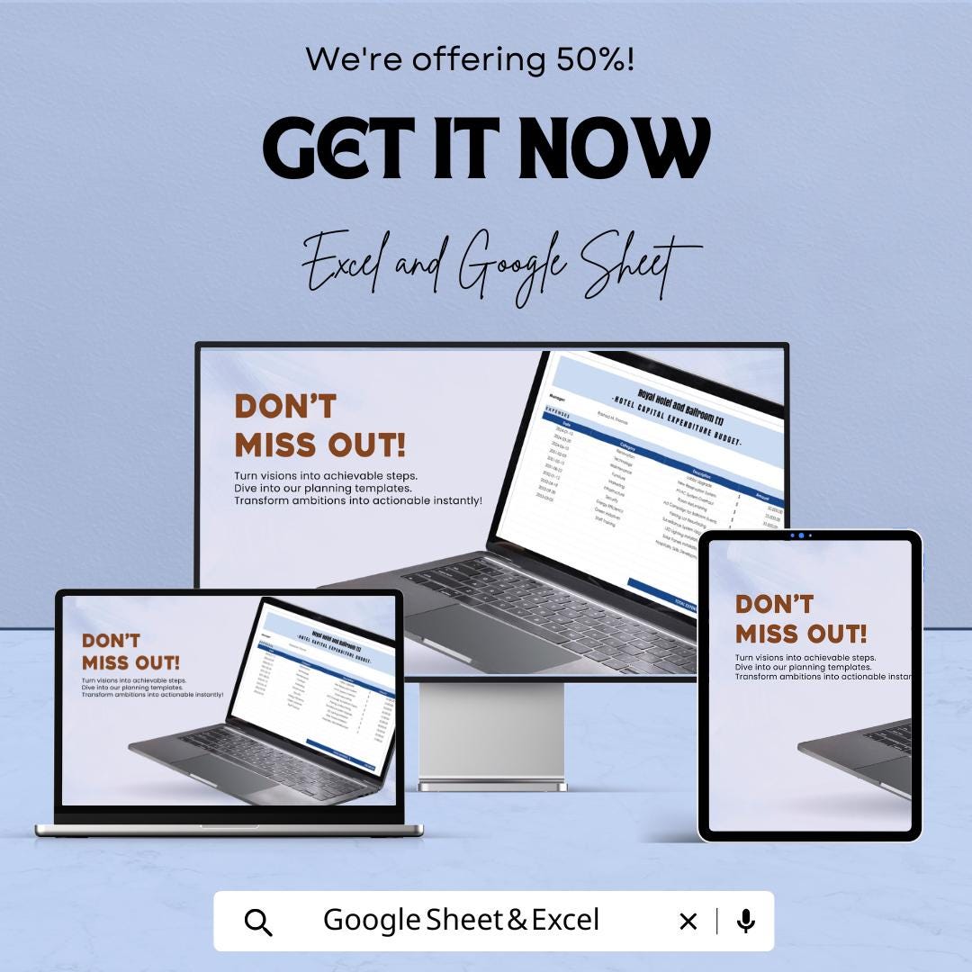 Hotel Capital Expenditure Budget Sheet – Excel and Google Sheets – Manage Hotel Investments & Expenses Efficiently – 50% OFF