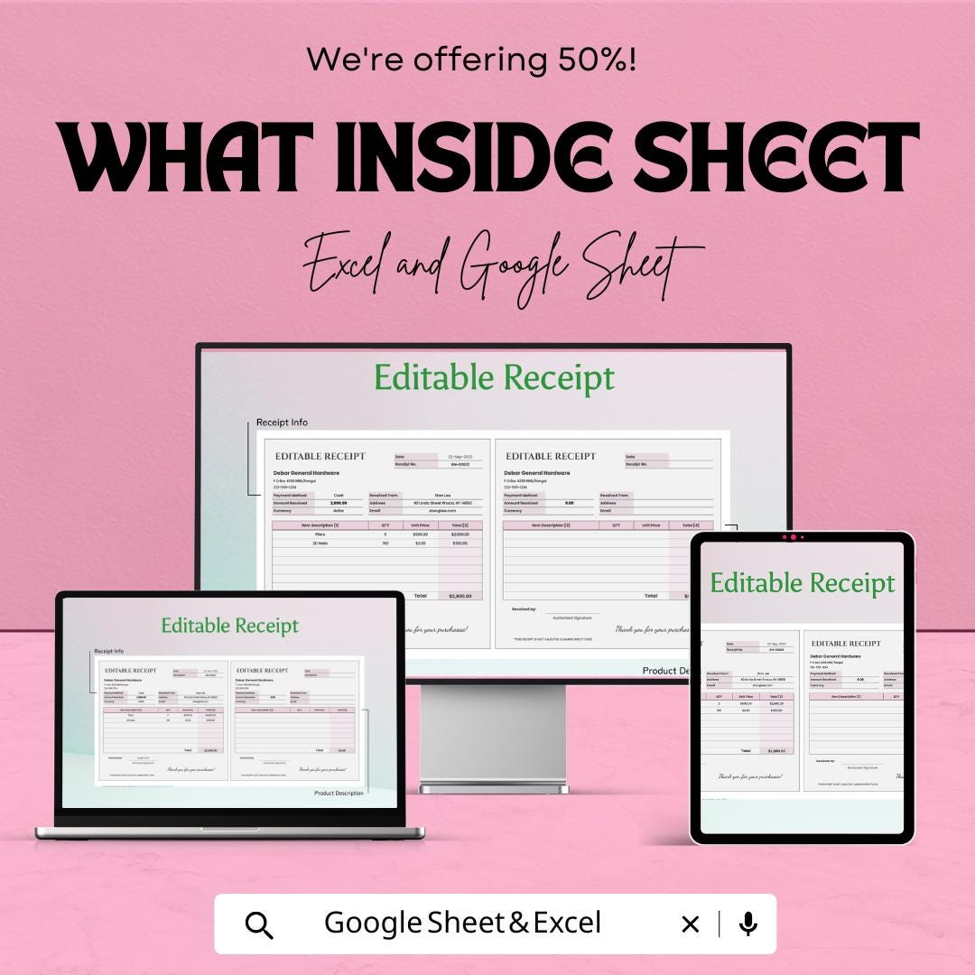 Editable Receipt Sheet - Customizable Excel & Google Sheets Template for Professional Receipts