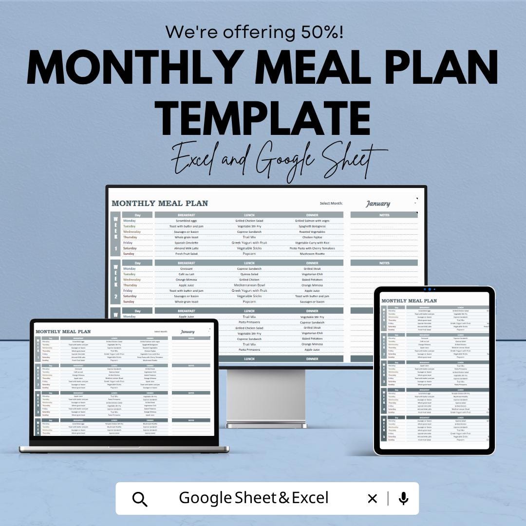 Monthly Meal Plan Template | Meal Planner Spreadsheet | Weekly Meal Prep Planner | Nutrition Planner Template