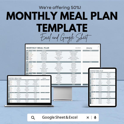 Monthly Meal Plan Template | Meal Planner Spreadsheet | Weekly Meal Prep Planner | Nutrition Planner Template