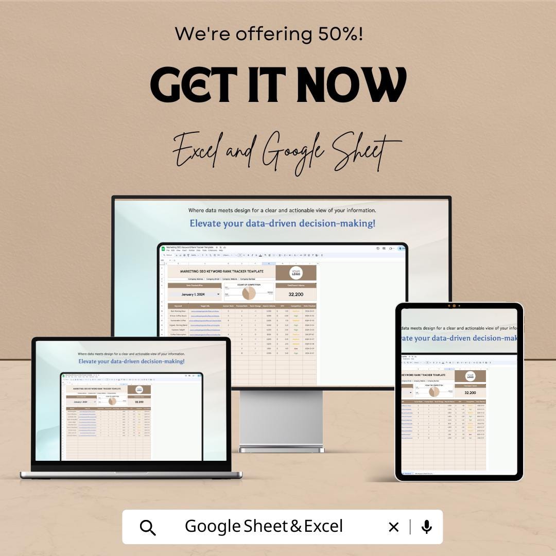 Marketing SEO Keyword Rank Tracker Template | Excel and Google Sheets | Keyword Ranking & SEO Tracking Spreadsheet