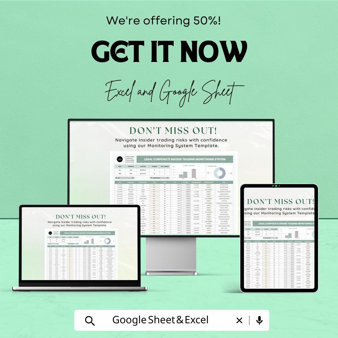 Legal Corporate Insider Trading Monitoring System Template | Excel & Google Sheets Compliance Tracker | Risk Management Tool