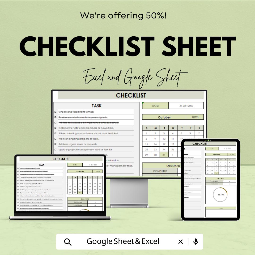 Checklist Sheet - Task Management Template for Excel & Google Sheets, Customizable To-Do List, Productivity Tracker, Instant Download