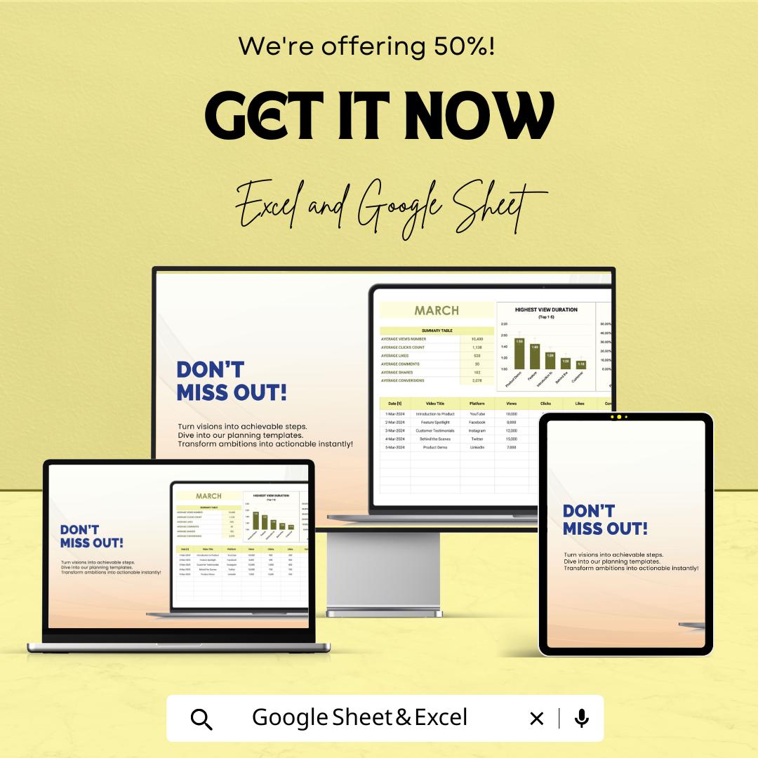 Marketing Video Content Analytics Sheet | Track CTR and Engagement | Excel & Google Sheets Template