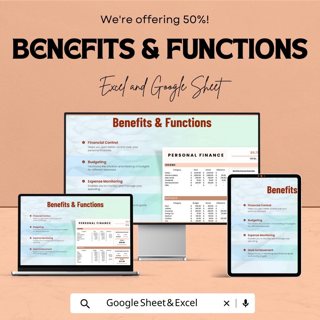 Complete Personal Finance Sheet - Excel and Google Sheets Template for Budgeting, Tracking Income & Expenses - 50% Off