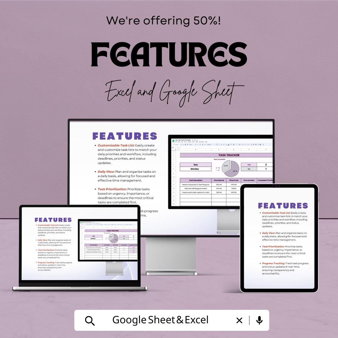 Daily Task Tracker Sheet - Task Management Template | Excel and Google Sheet | Get Organized & Stay Productive | Printable Checklist