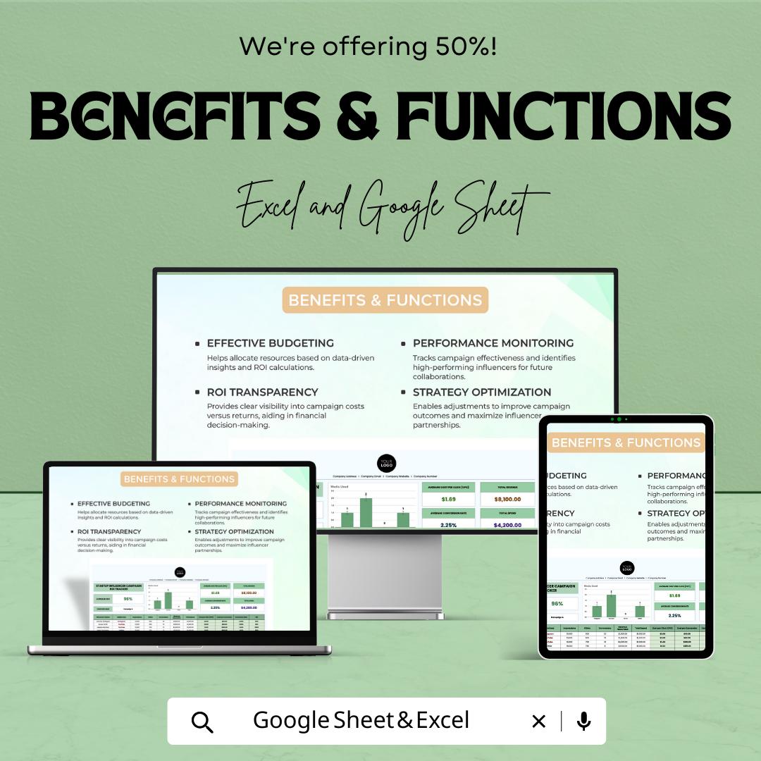 Startup Influencer Campaign ROI Tracker Template | Excel & Google Sheets | Influencer Marketing Analytics, Campaign Performance Tracker