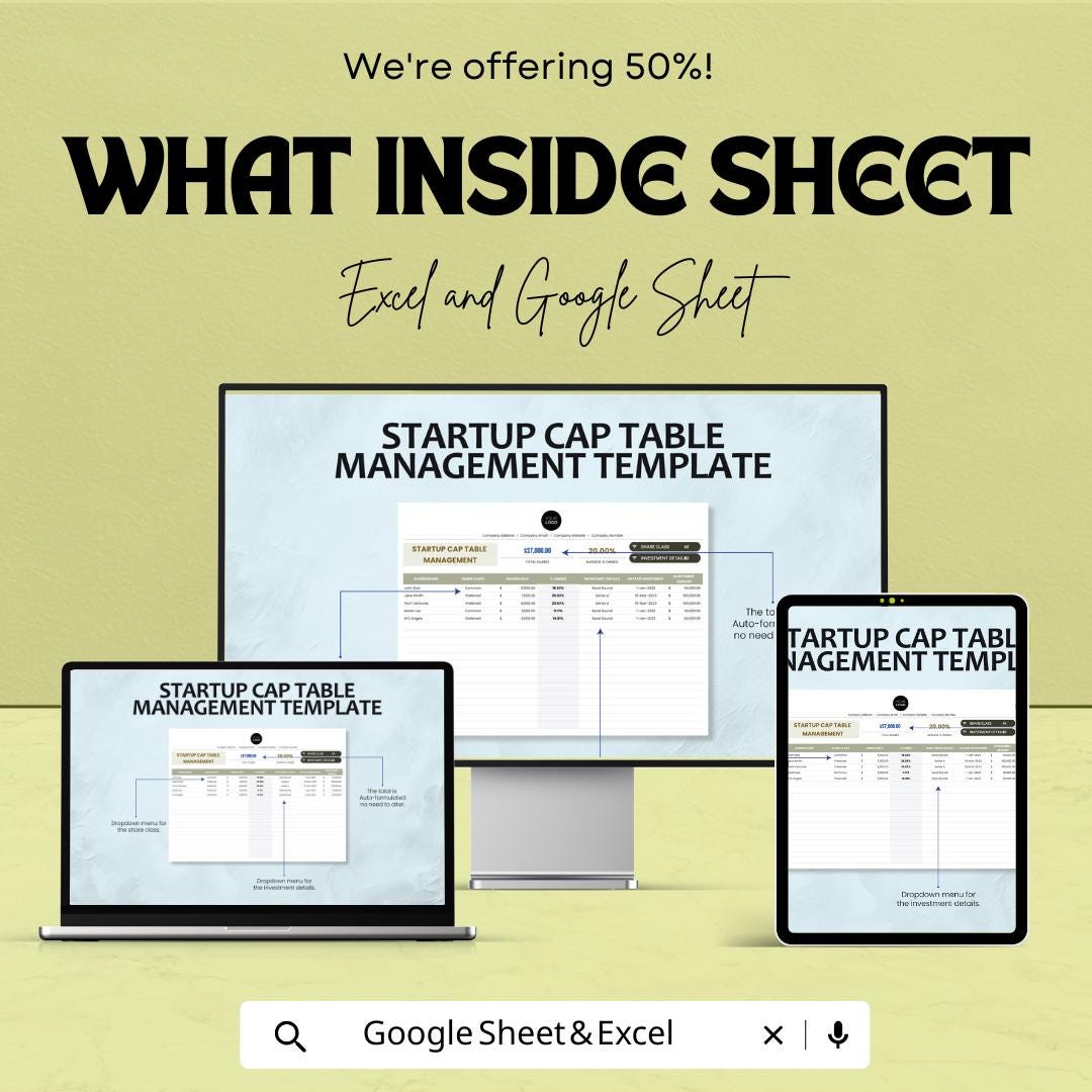 Startup Cap Table Management Template | Excel & Google Sheets | Capitalization Table | Equity Tracker | Investor Ownership Spreadsheet
