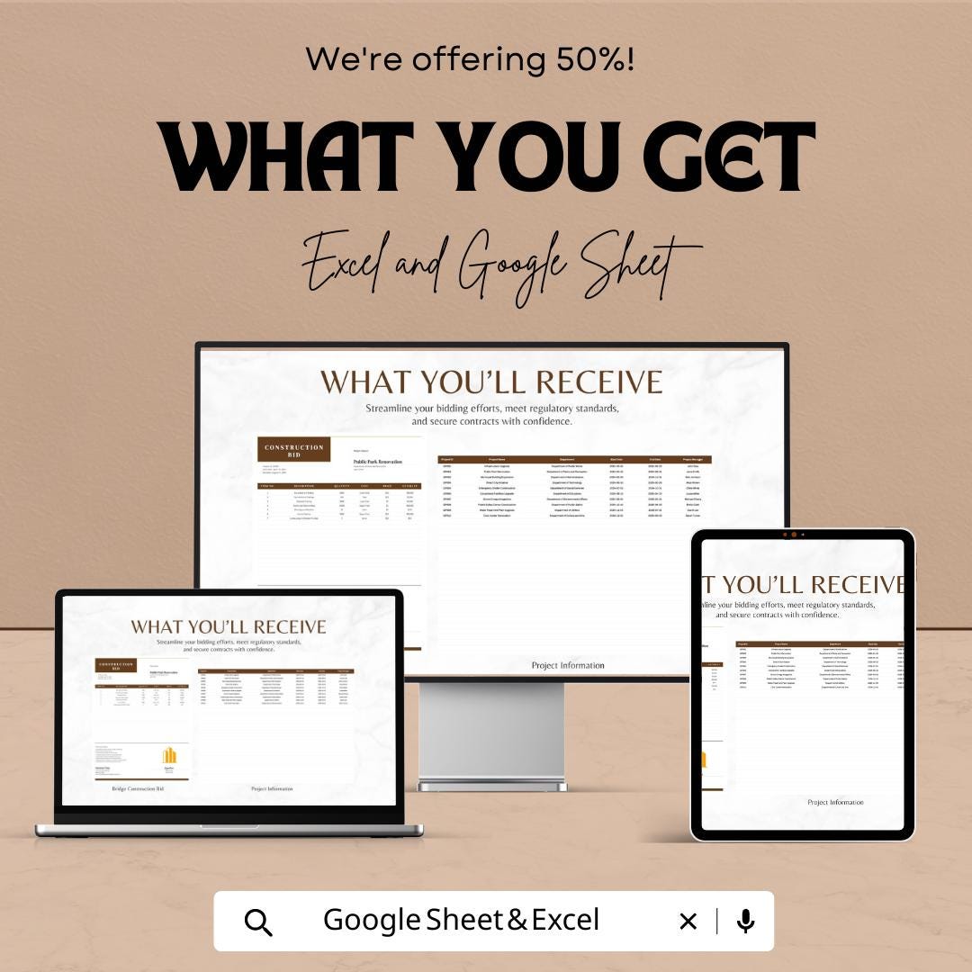 Bridge Construction Bid Template | Construction Bid Spreadsheet | Contractor Bid Proposal Template | Project Cost Estimator