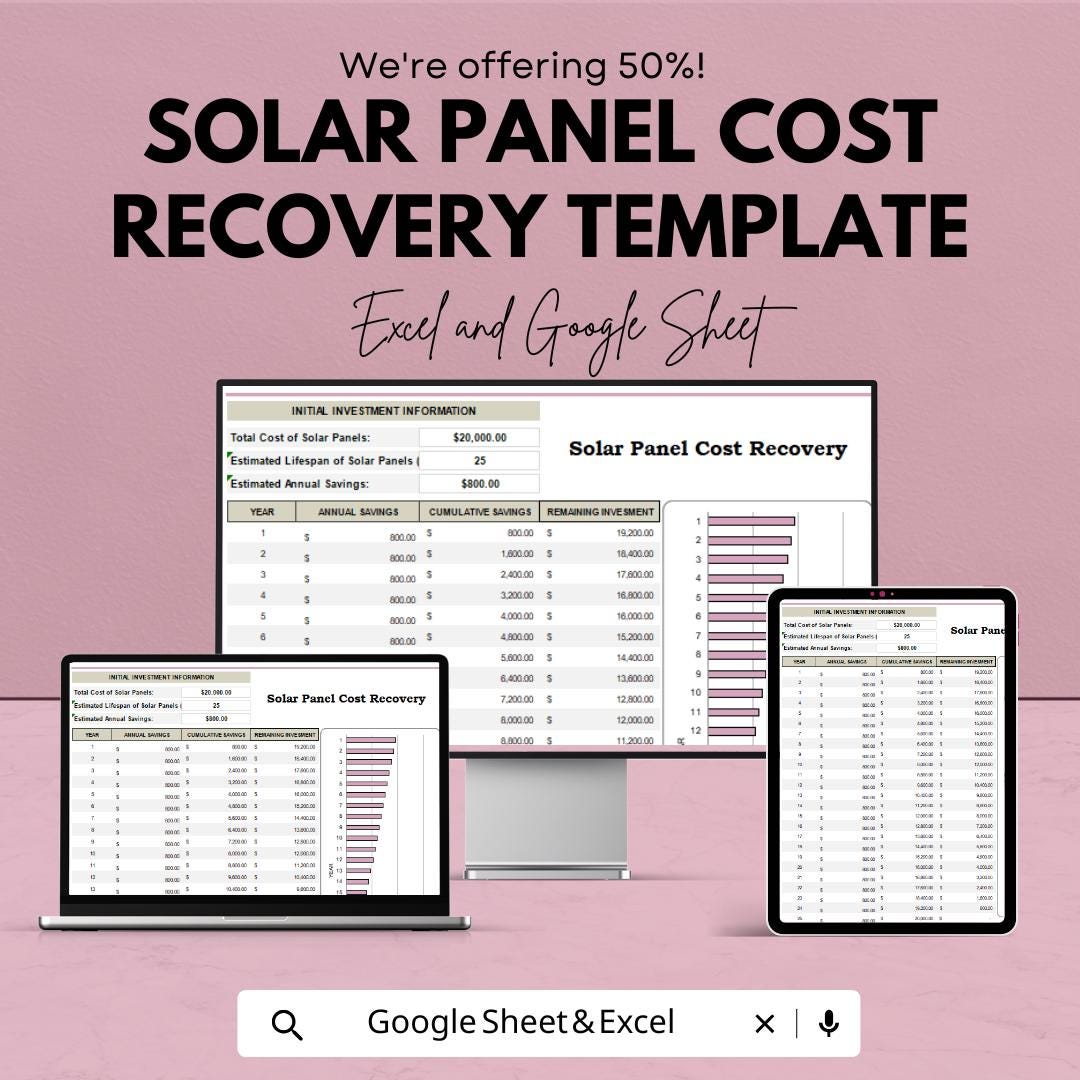 Solar Panel Cost Recovery Template | ROI Calculator | Renewable Energy Investment Tracker | Excel & Google Sheets | Savings Estimator |