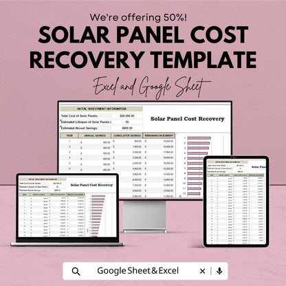 Solar Panel Cost Recovery Template | ROI Calculator | Renewable Energy Investment Tracker | Excel & Google Sheets | Savings Estimator |