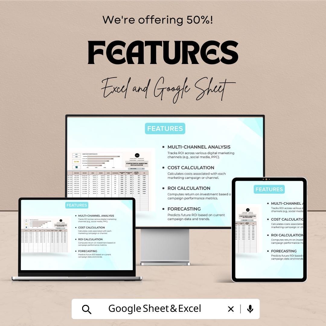 Startup Digital Marketing ROI Calculator Template | Excel & Google Sheets | Marketing ROI Tracker | Startup Ad Budget Calculator |