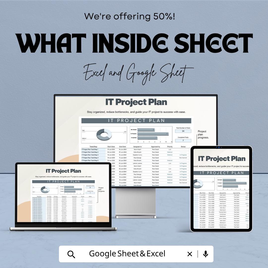 IT Project Plan Template | Project Management Planner | IT Project Tracker | Task Timeline Spreadsheet | Business Planning Tool