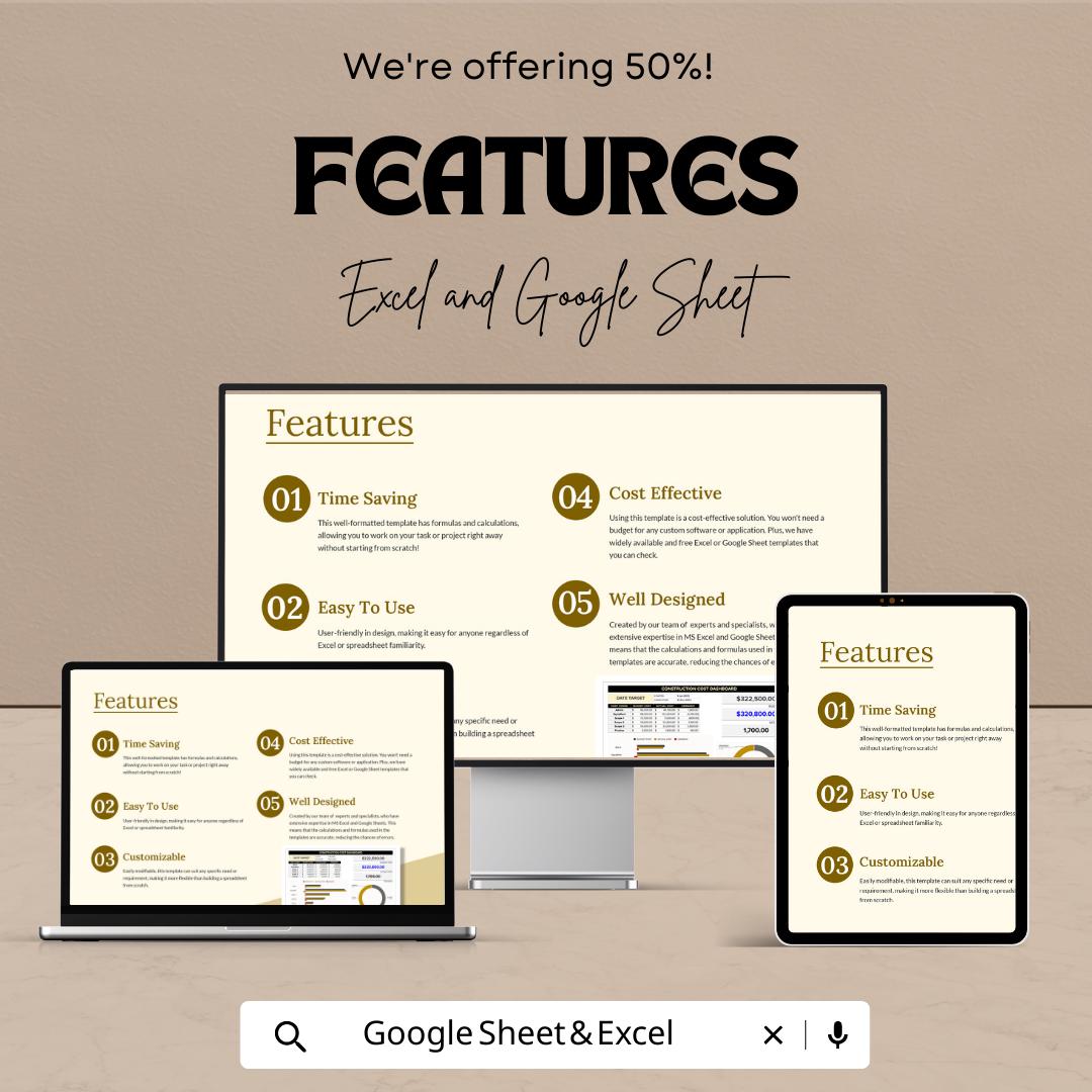 Construction Cost Template | Construction Budget Tracker Excel | Google Sheets Cost Dashboard | Project Cost Estimator Spreadsheet
