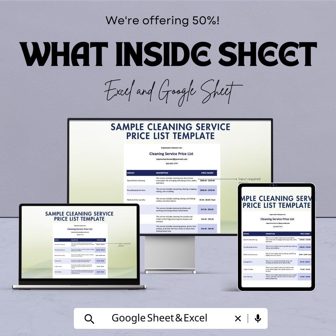 Sample Cleaning Service Price List Sheet - Excel & Google Sheets Template for Service Pricing and Estimates