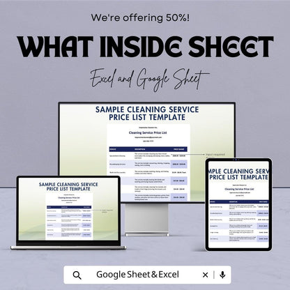 Sample Cleaning Service Price List Sheet - Excel & Google Sheets Template for Service Pricing and Estimates