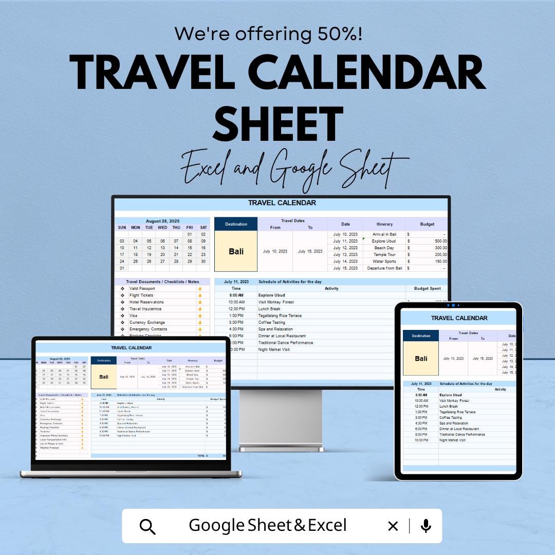 Travel Calendar Sheet | Excel and Google Sheets | Vacation Planner | Budget & Activity Tracker | 50% Off
